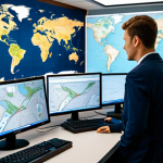 A focused logistics professional, fully clothed in a modest business suit, intently observing a large digital world map displaying complex global shipping routes and real-time vessel tracking on a monitor in a modern, high-tech control center. The screens show a congested port or a ship navigating a narrow canal, indicating a critical supply chain disruption. Desks are equipped with multiple monitors, keyboards, and communication devices. The scene conveys a sense of urgent problem-solving and strategic decision-making. Professional photography, high quality, realistic, detailed, cinematic lighting, perfect anatomy, correct proportions, natural pose, well-formed hands, proper finger count, natural body proportions, safe for work, appropriate content, fully clothed, professional.