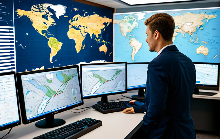 A focused logistics professional, fully clothed in a modest business suit, intently observing a large digital world map displaying complex global shipping routes and real-time vessel tracking on a monitor in a modern, high-tech control center. The screens show a congested port or a ship navigating a narrow canal, indicating a critical supply chain disruption. Desks are equipped with multiple monitors, keyboards, and communication devices. The scene conveys a sense of urgent problem-solving and strategic decision-making. Professional photography, high quality, realistic, detailed, cinematic lighting, perfect anatomy, correct proportions, natural pose, well-formed hands, proper finger count, natural body proportions, safe for work, appropriate content, fully clothed, professional.