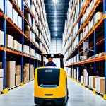 Modern Warehouse Efficiency**

"A brightly lit, highly organized warehouse interior. Forklifts are moving pallets, and workers in safety vests are using handheld scanners. Shelves are neatly stocked with labeled boxes. Focus on efficient space utilization and modern technology.  Safe for work, appropriate content, fully clothed workers, professional, well-organized, perfect anatomy, correct proportions, family-friendly."

**