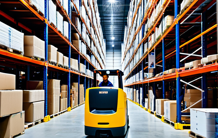Modern Warehouse Efficiency**

"A brightly lit, highly organized warehouse interior. Forklifts are moving pallets, and workers in safety vests are using handheld scanners. Shelves are neatly stocked with labeled boxes. Focus on efficient space utilization and modern technology.  Safe for work, appropriate content, fully clothed workers, professional, well-organized, perfect anatomy, correct proportions, family-friendly."

**