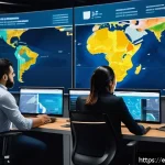 Home 19 국제물류 관련 이직 성공 비법 - A modern international logistics control room featuring diverse professionals collaborating around l...