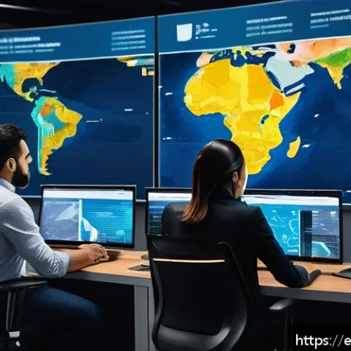 Home 31 국제물류 관련 이직 성공 비법 - A modern international logistics control room featuring diverse professionals collaborating around l...