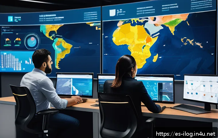 국제물류 관련 이직 성공 비법 - A modern international logistics control room featuring diverse professionals collaborating around l...