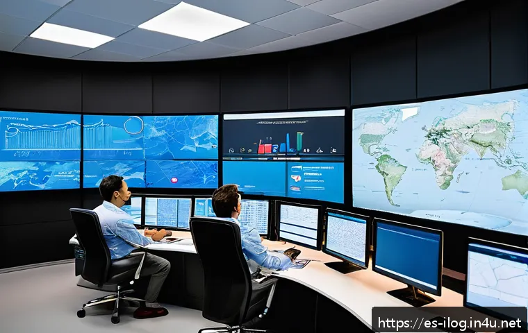 국제물류관리사와 협력하는 파트너 찾기 - A detailed, modern international logistics control room featuring diverse professionals analyzing di...